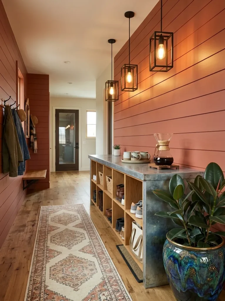 Reclaimed barn wood mudroom bench with a galvanized steel counter and staggered pendant lights