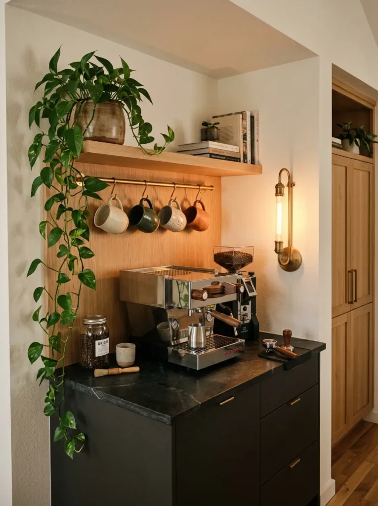  Built-in oak and charcoal coffee nook with a brass sconce and honed soapstone counter