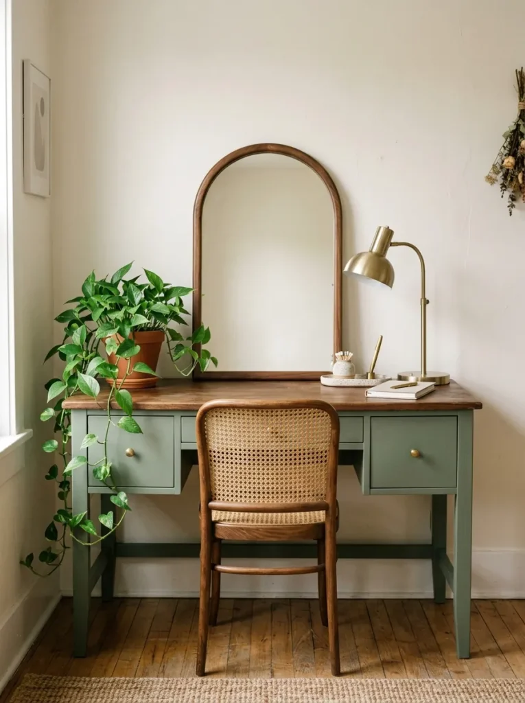 Walnut vintage desk painted sage green with a leaned arched mirror and gooseneck lamp