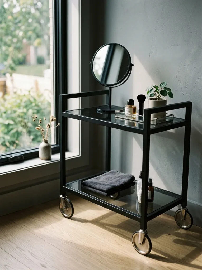 Matte black rolling vanity cart with smoked glass shelves beside a sunlit window