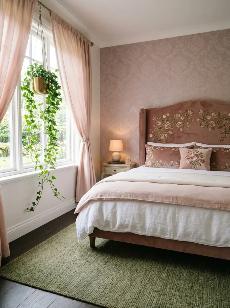 "Embroidered rose arch headboard with trailing ivy in a garden-themed bedroom"