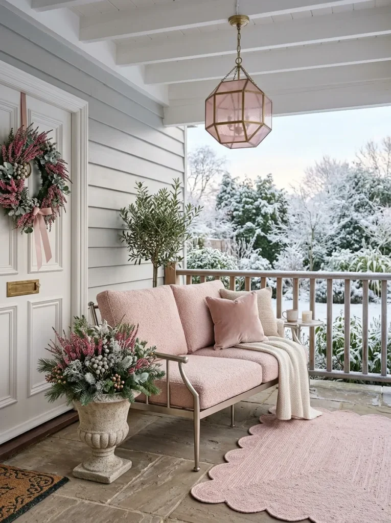 Blush bouclé cushions on a brushed nickel loveseat beside a scalloped rug and pink heather
