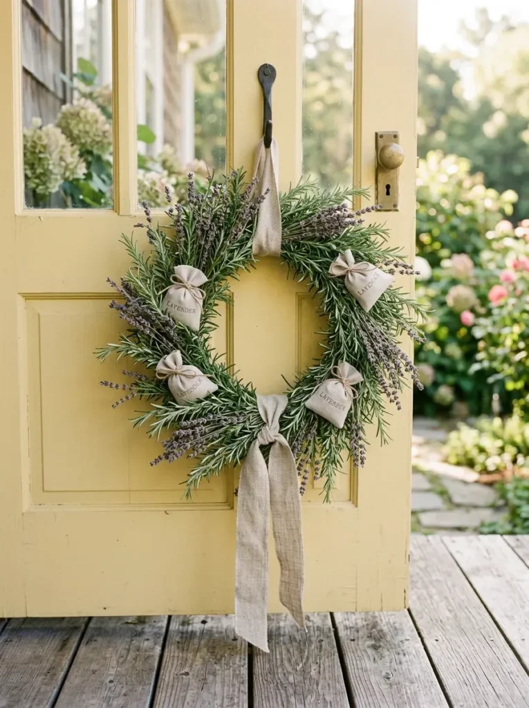Rosemary and dried lavender winter wreath on a butter-yellow front door.