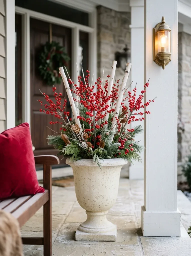 Cream cast stone urn with red winterberry and white birch beside ruby velvet cushions
