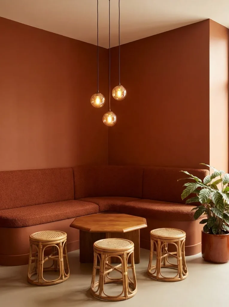 Curved built-in bench wrapped in rust bouclé with a low octagonal teak table