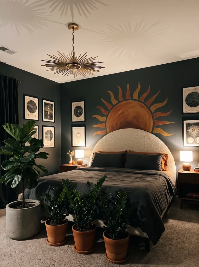 Charcoal bedroom with a hand-painted rust sun mural and brass sunburst pendant light