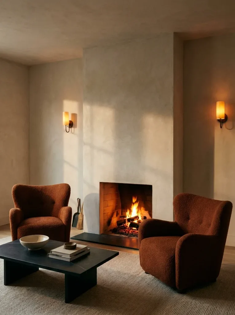  Rust bouclé camelback armchairs beside a raw plaster fireplace surround glowing with firelight