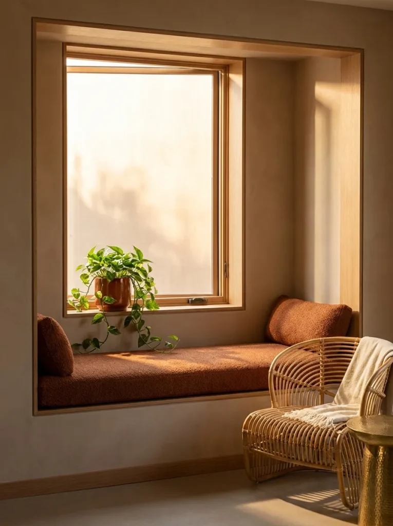 Built-in window seat with a rust bouclé cushion and hammered brass side table