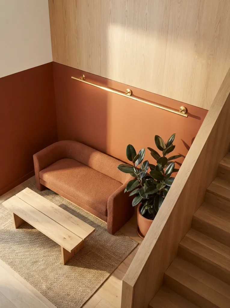 Split-level landing with rust-painted lower walls and raw white oak paneling above