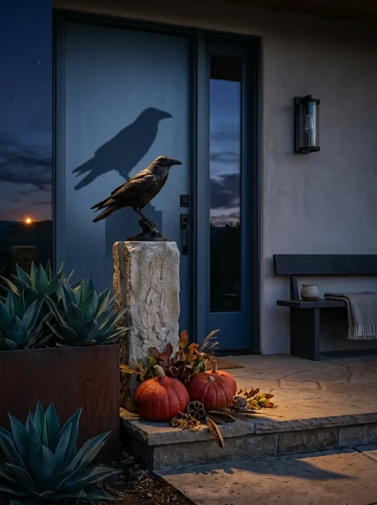 "Bronze raven sculpture on a plinth beside a slate-blue door"