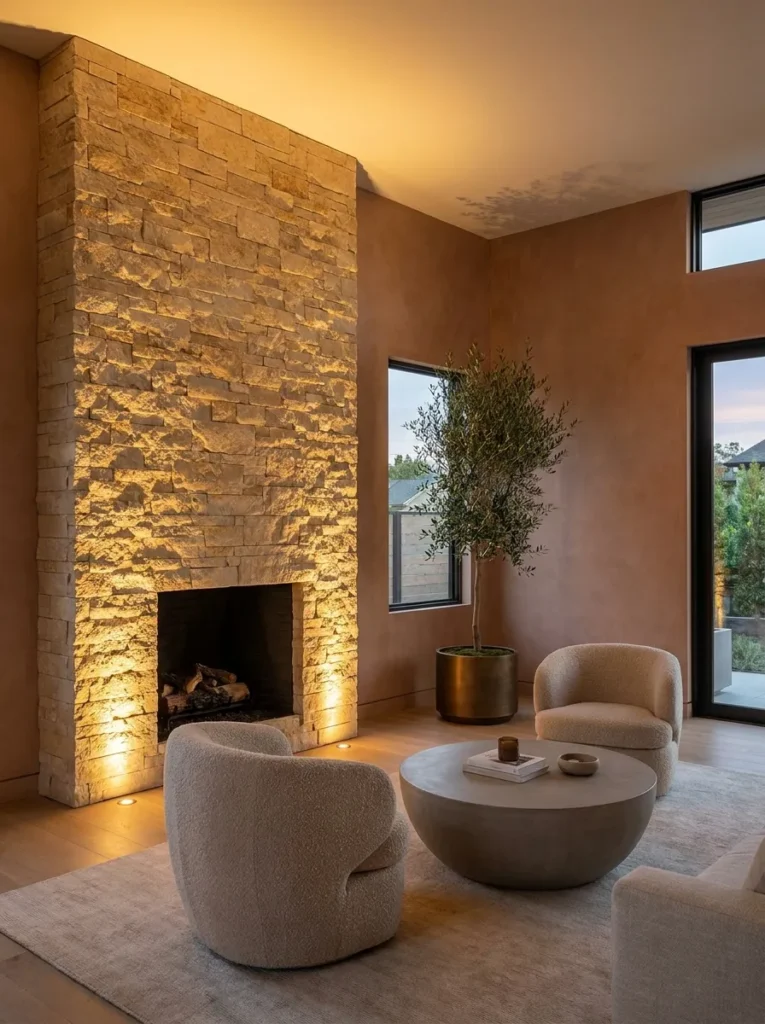 Warm buff stacked-stone fireplace surround with facing oat bouclé armchairs