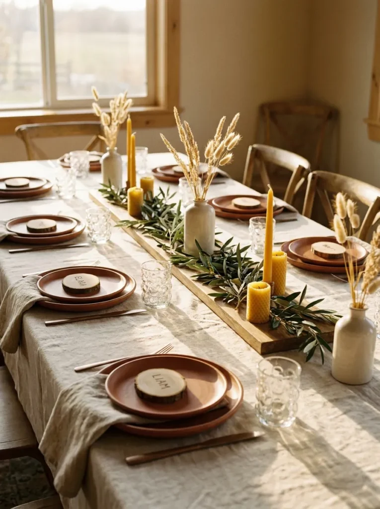 Oatmeal linen table with terracotta stoneware plates and wood-slice place cards