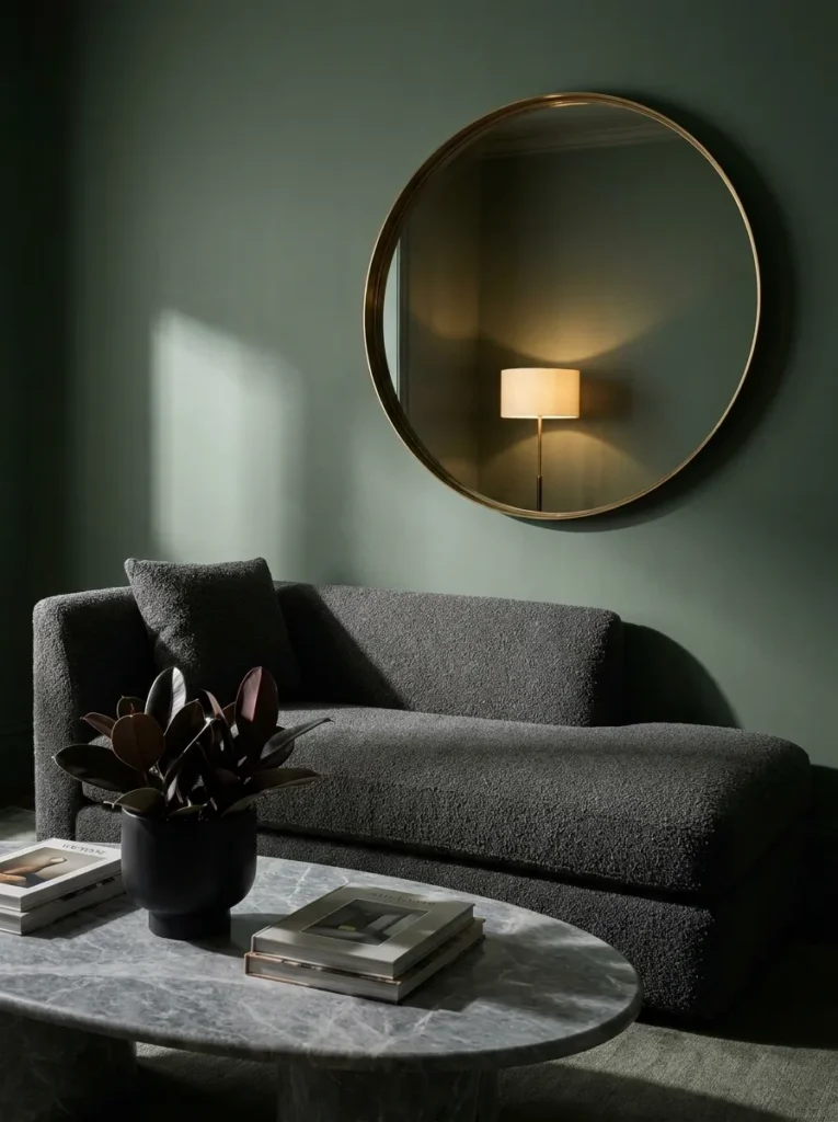 Charcoal bouclé chaise and brass mirror in a moody sage green living room