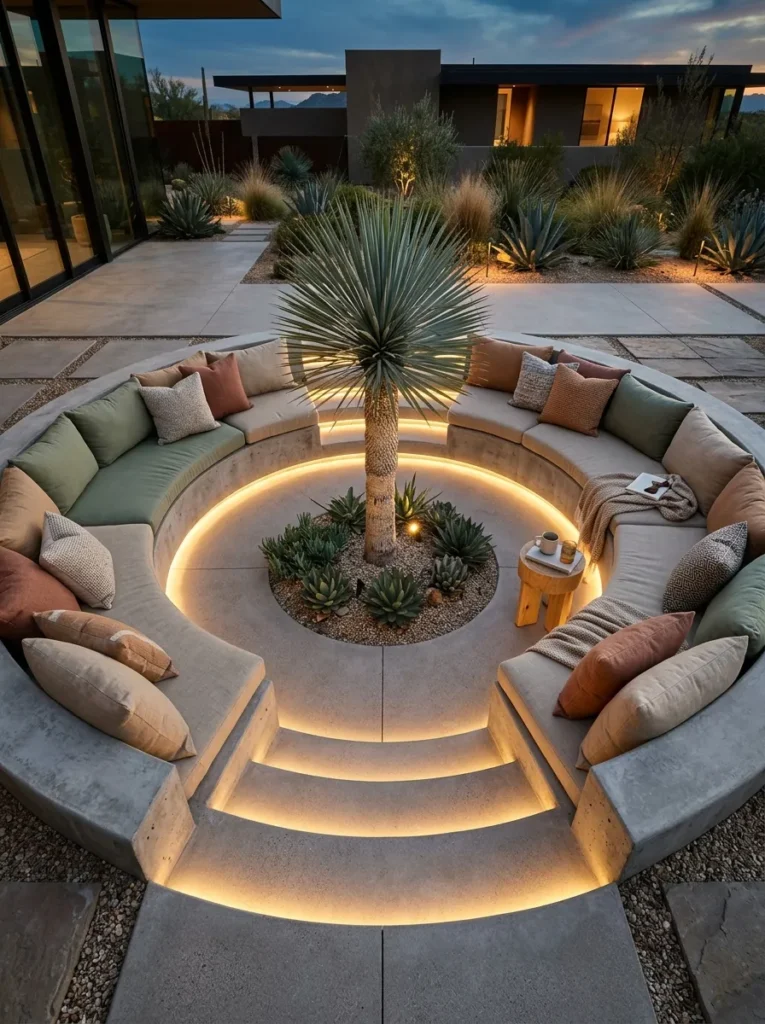 "Sunken concrete lounge with sage cushions and stepped seating"