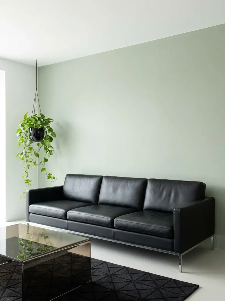 Black leather sofa and trailing pothos in a high-contrast sage green living room