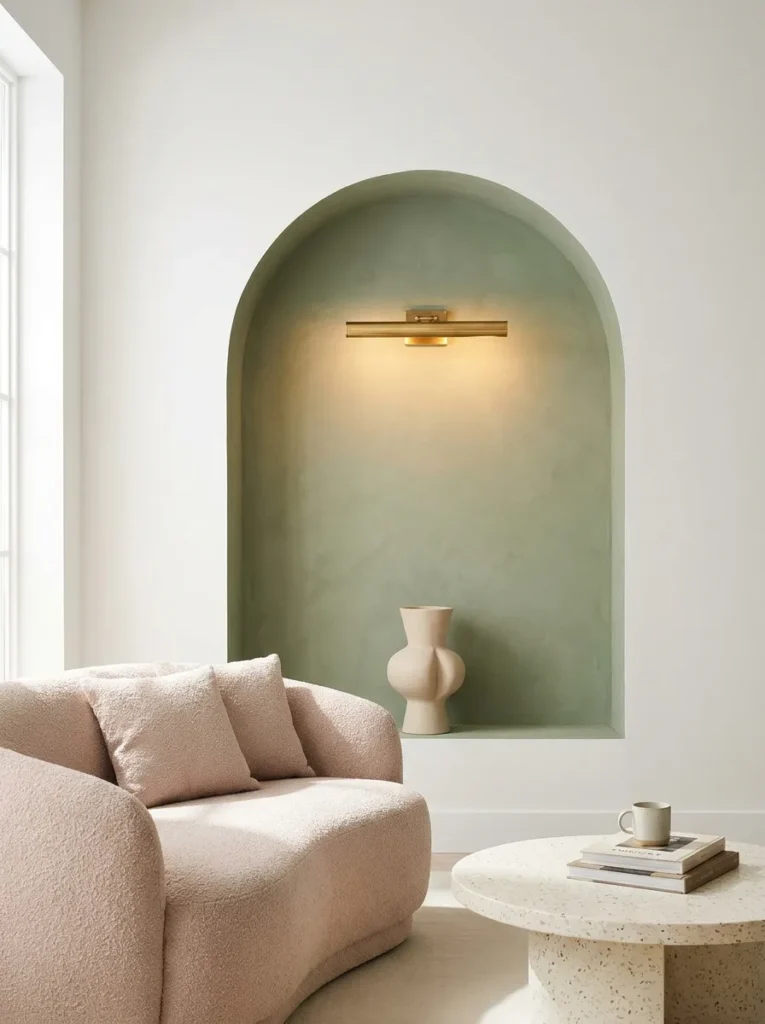  Blush bouclé loveseat beside a plaster archway niche in a sage green living room
