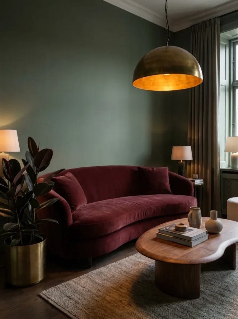 Burgundy velvet sofa and brass pendant in a jewel-toned sage green living room
