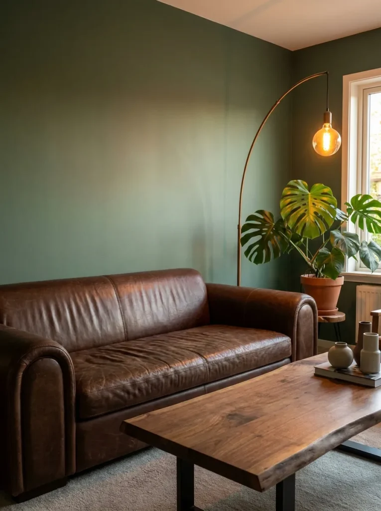  Chocolate brown leather sofa and bronze accents in a warm sage green living room