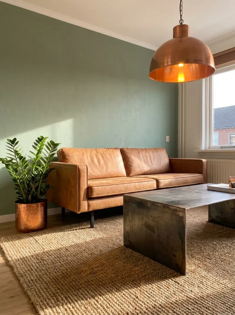  Tan leather sofa and copper pendant in an industrial-style sage green living room