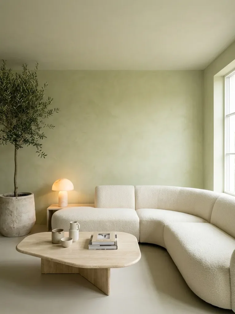 Curved ivory bouclé sofa and travertine table in a limewashed sage green living room