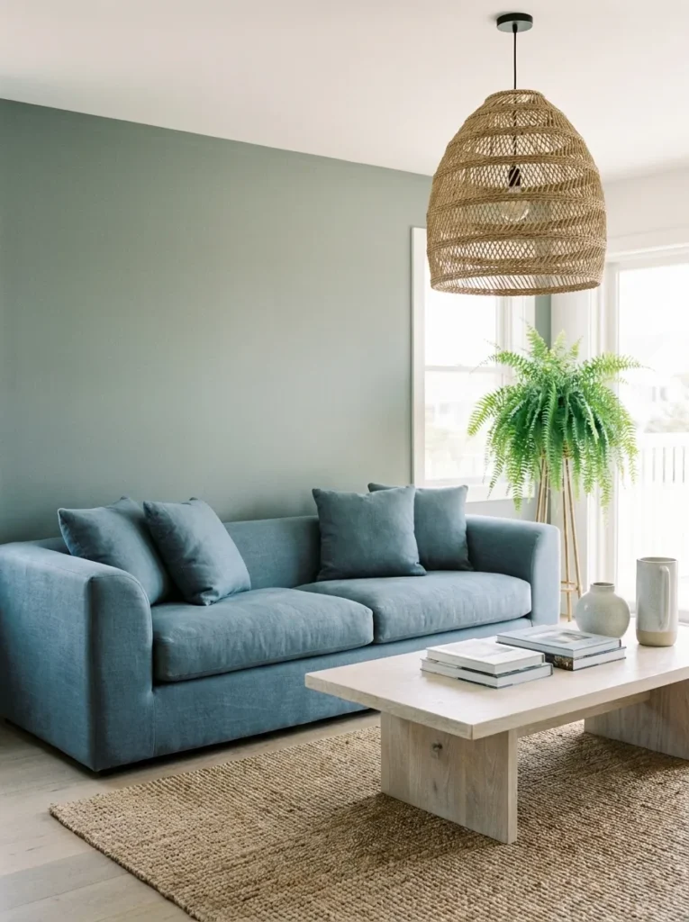 Dusty blue linen sofa and rope pendant in a coastal-style sage green living room