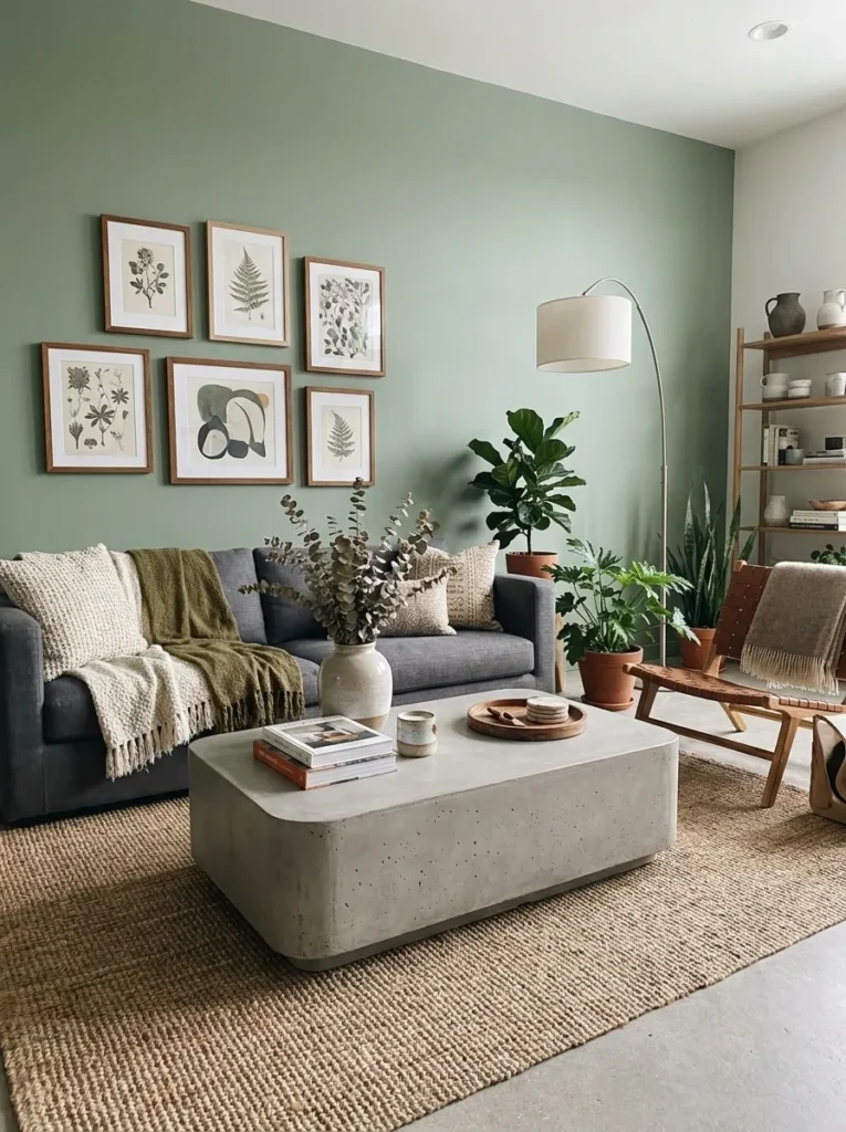 Graphite linen sofa and concrete coffee table in a monochrome sage green living room