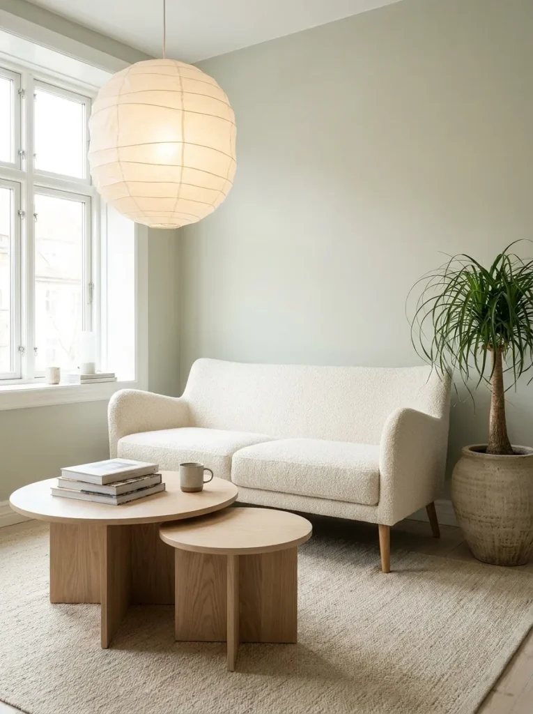 Ivory bouclé sofa and ash nesting tables in a pale, airy sage green living room