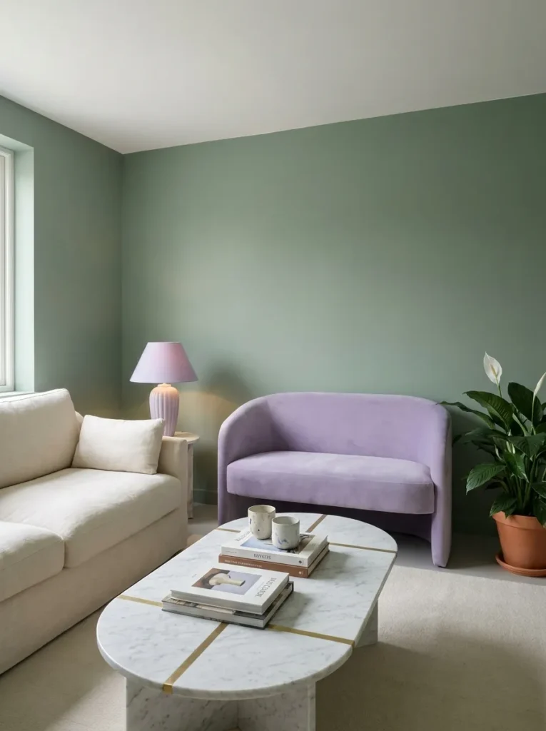 Lavender velvet loveseat and marble coffee table in a soft sage green living room