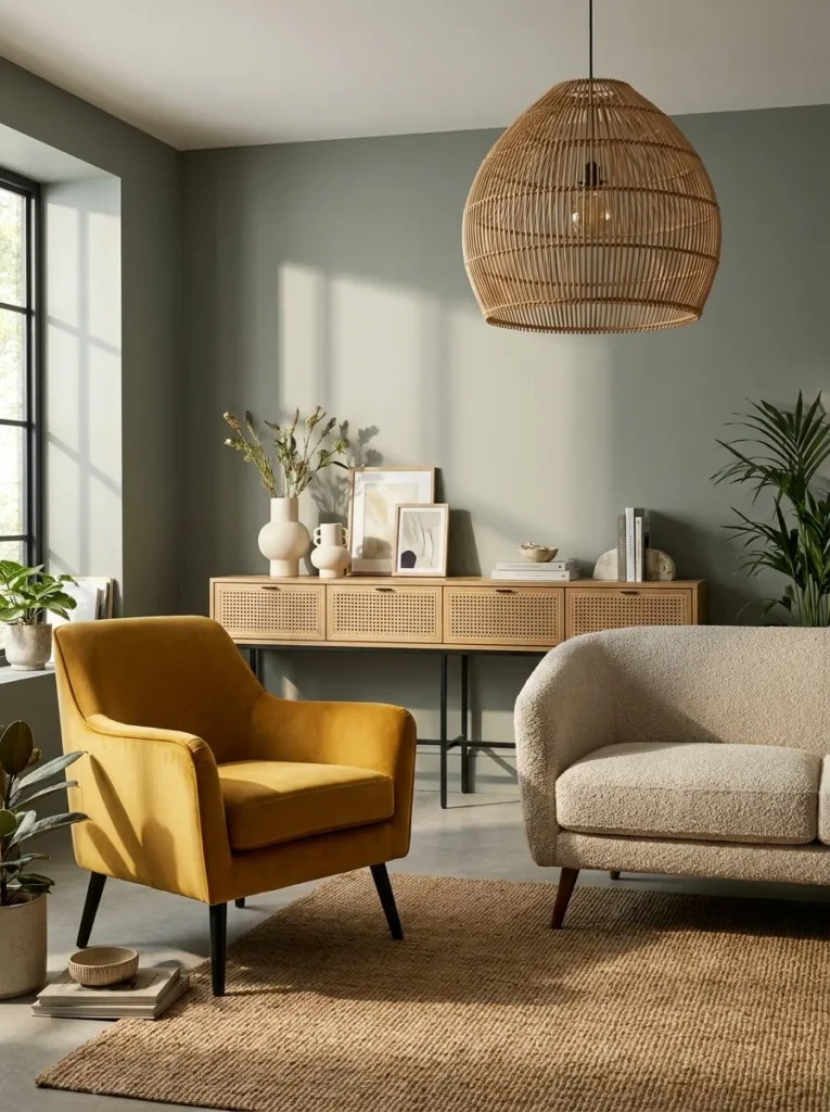 Mustard velvet accent chair and cane console in a sage green living room