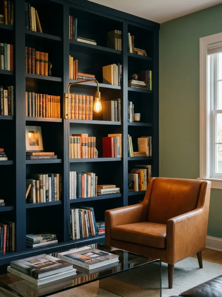 Navy built-in shelving and cognac leather chair in a sage green living room