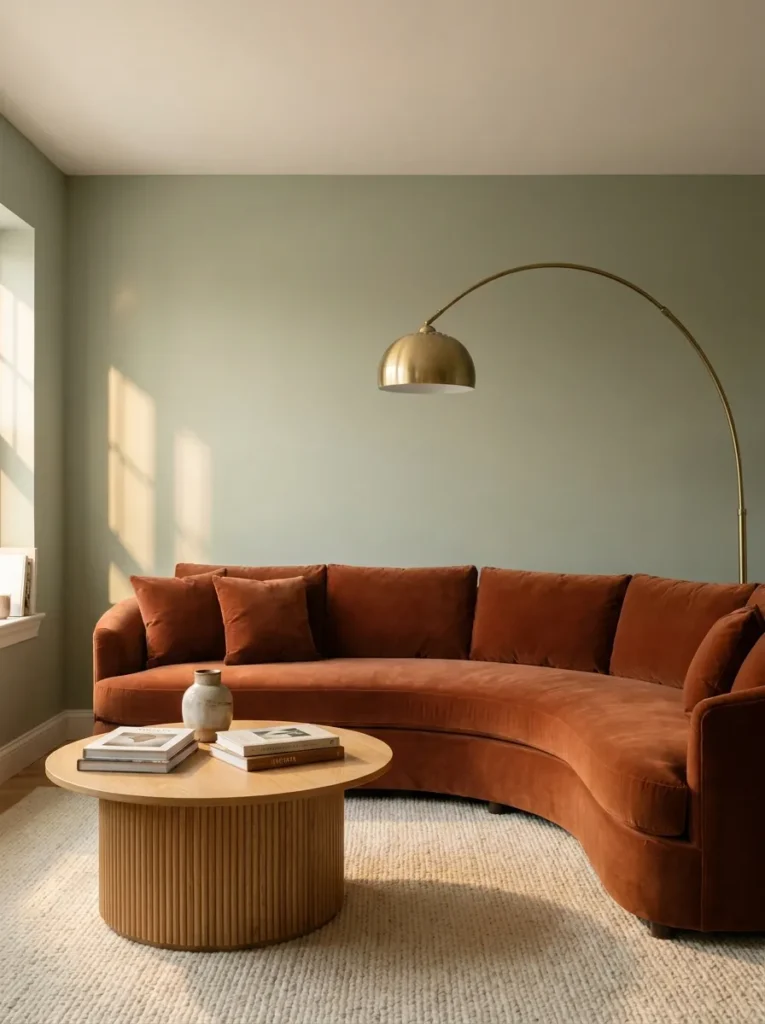 Rust velvet sofa and brass lamp in a sage green living room with an oak coffee table