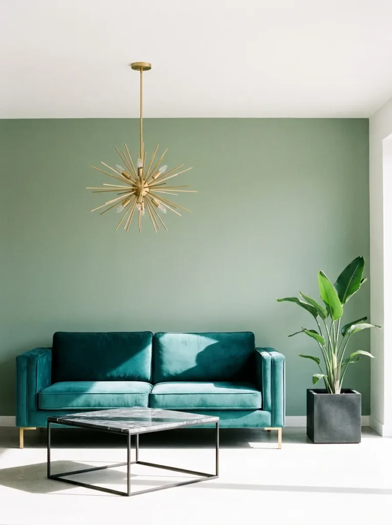  Teal velvet sofa and brass sputnik pendant in a bold sage green living room
