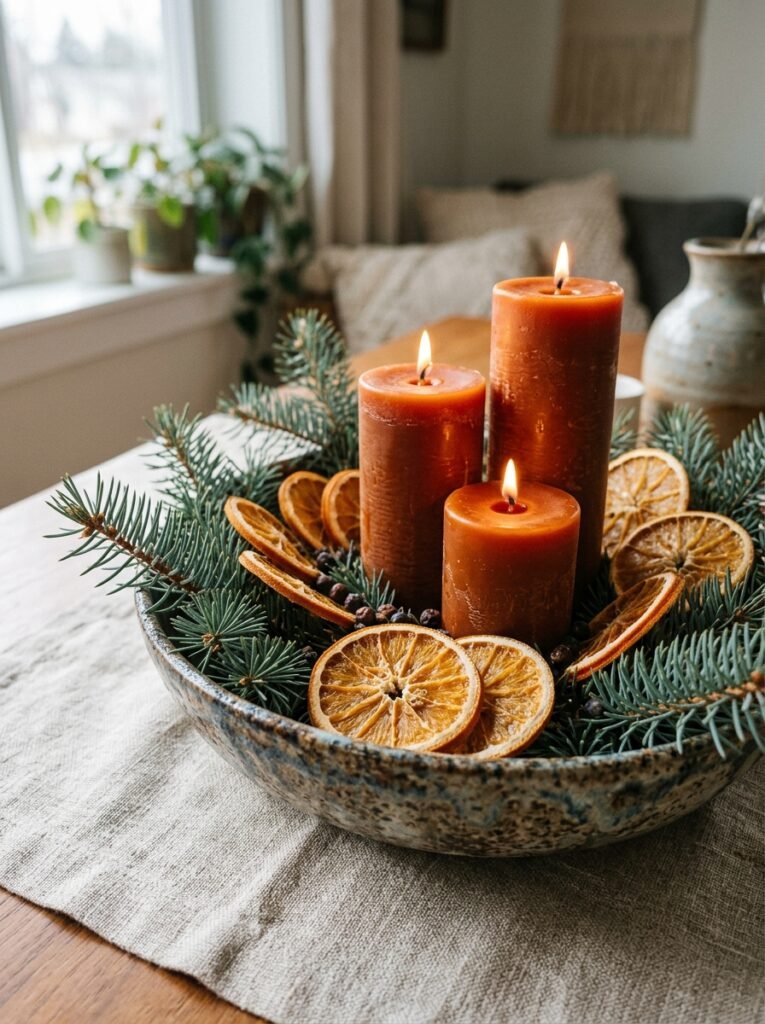 Speckled ceramic bowl with blue spruce, dried orange slices, and rust-orange candles

