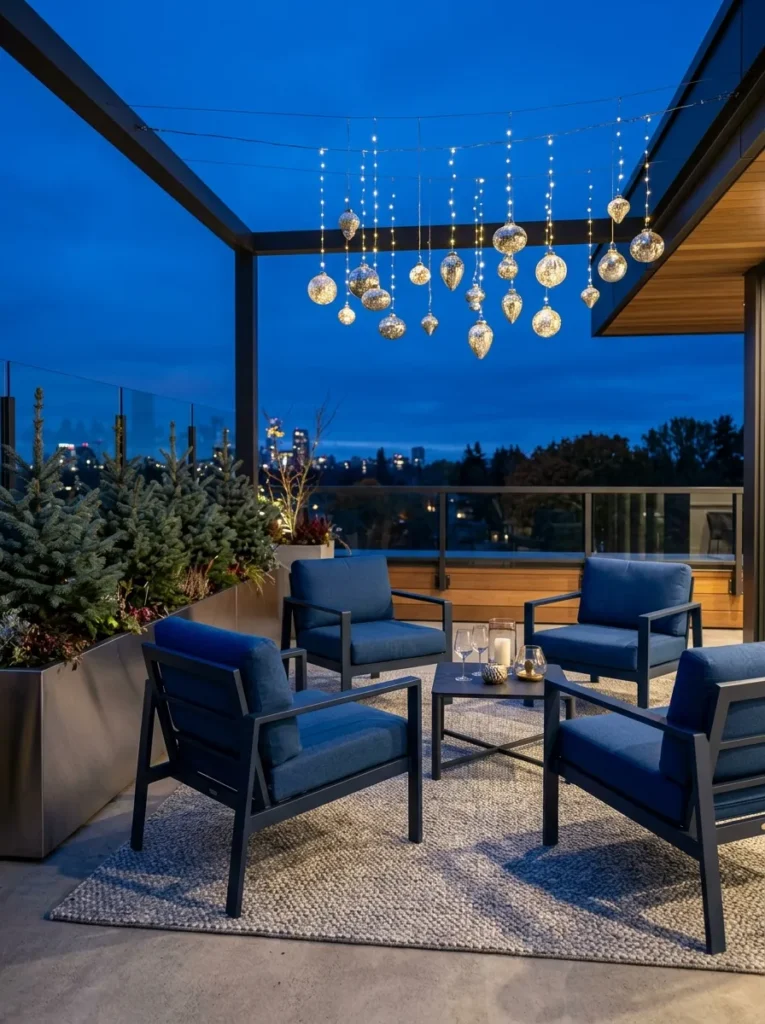 Navy aluminum bistro chairs with floating mercury glass ornaments and blue spruce planters