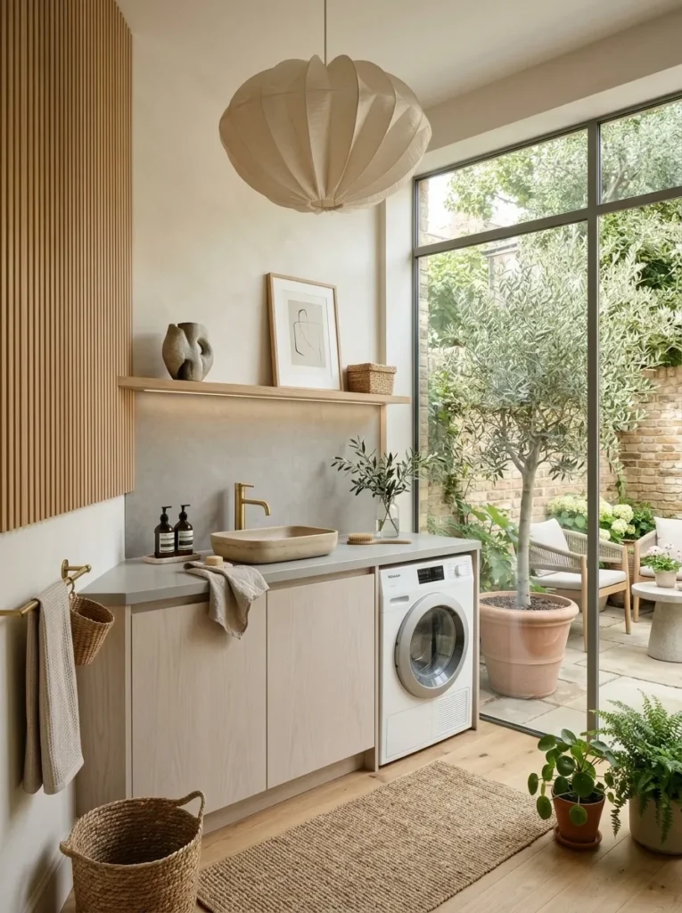 Scandinavian courtyard laundry nook with ash cabinets and a full-height window
