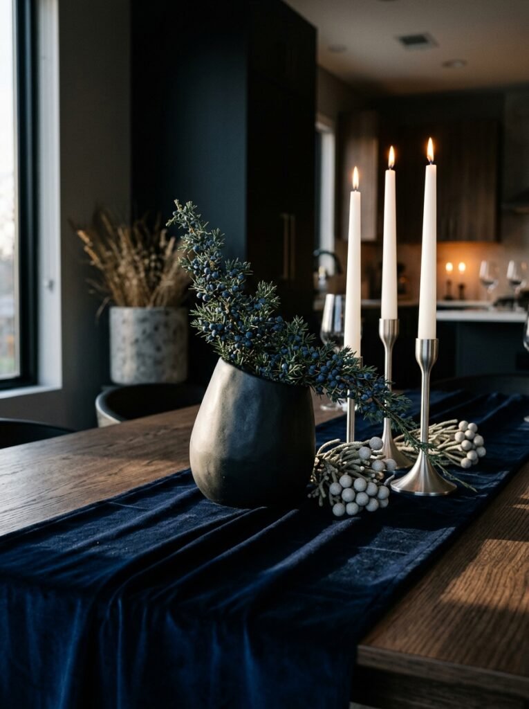 Asymmetric black ceramic vessel with leaning juniper branches on a navy velvet runner