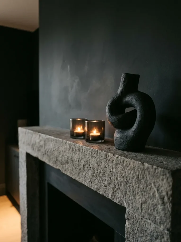 Single abstract charcoal ceramic sculpture on a mantel with two low smoked-glass votives