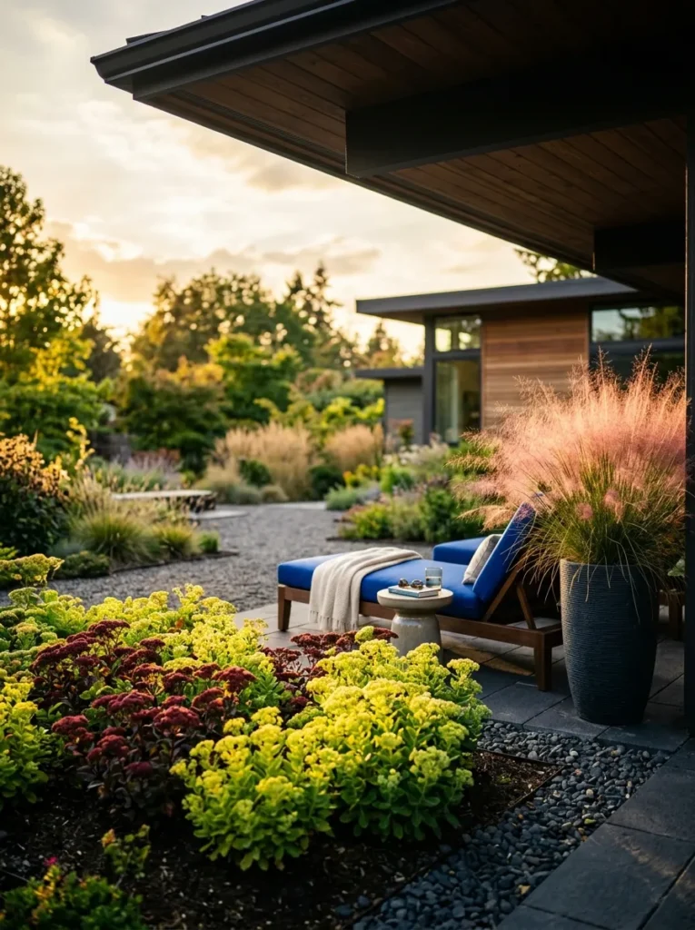 "Sedum living roof pavilion with cobalt lounge chairs"