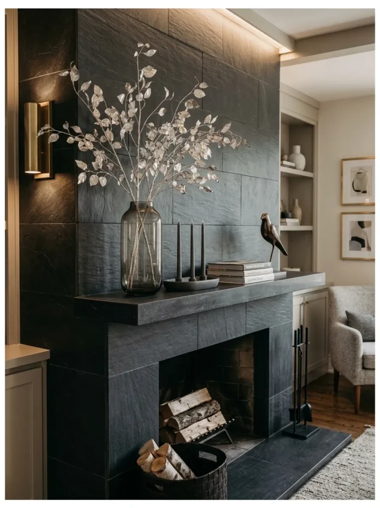 Tall smoked-glass vase with hand-finished silver-leafed branches beside unlit silver tapers