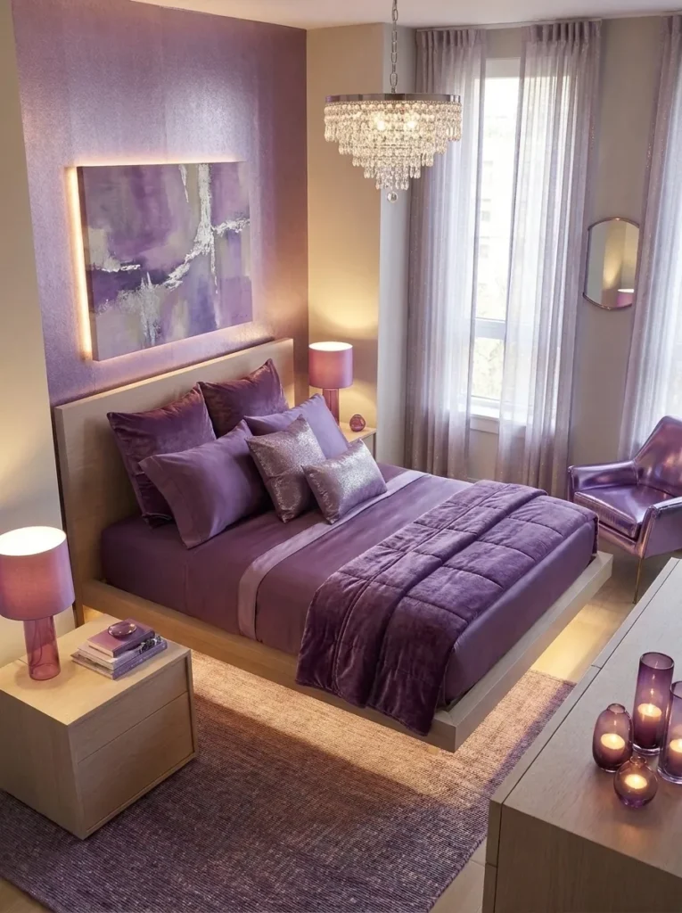 Silver-sage bedroom with a periwinkle quilt folded at the foot of a white oak bed