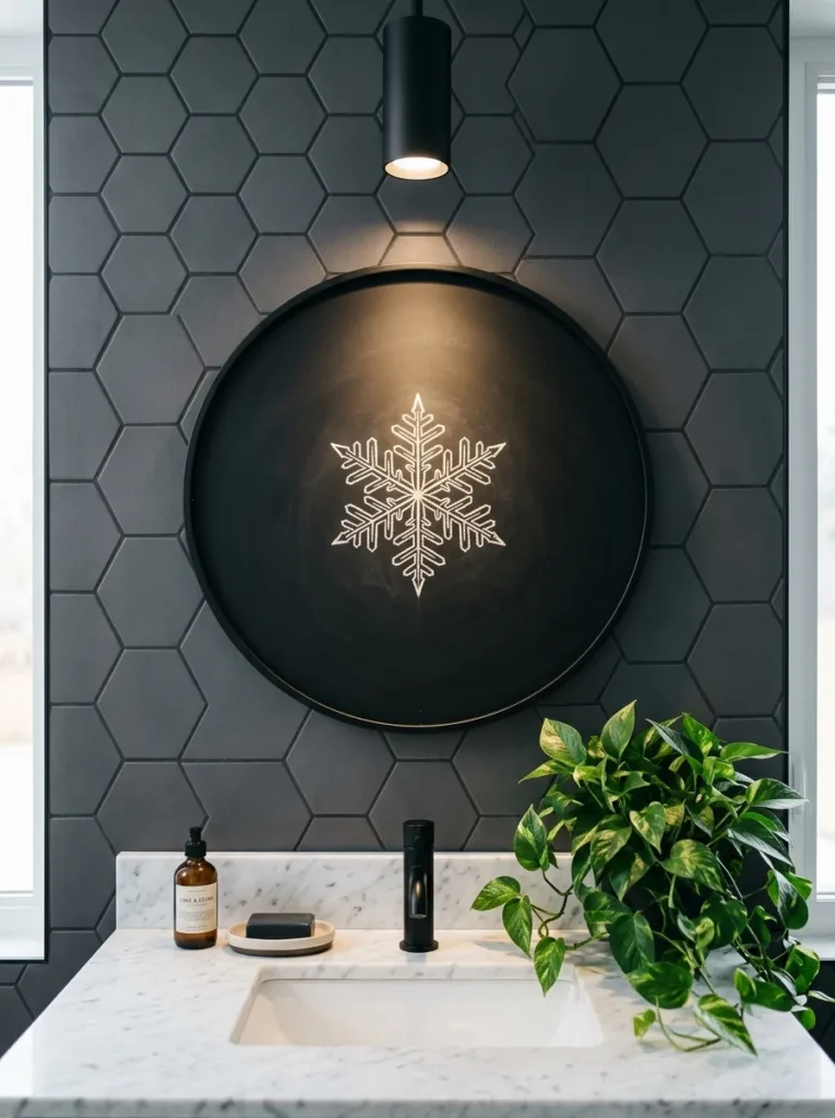 Round black chalkboard with a single precise white geometric snowflake in a bathroom