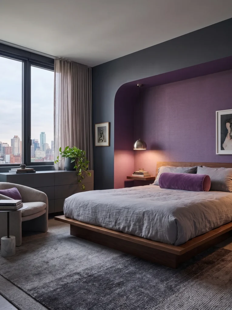 Slate-gray bedroom with a color-drenched amethyst nook and brushed-nickel pendant light