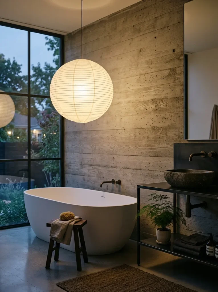 Board-formed concrete walls with a paper lantern pendant above a freestanding tub
