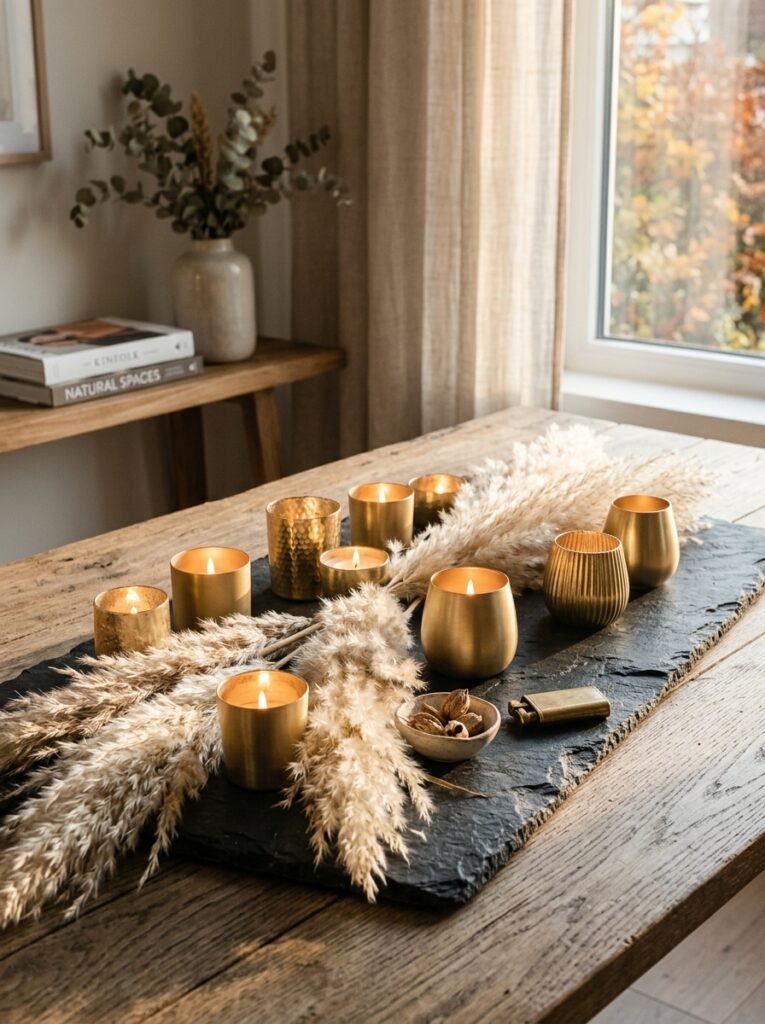  Loose dried pampas plumes and gold votive candles on an irregular slate board