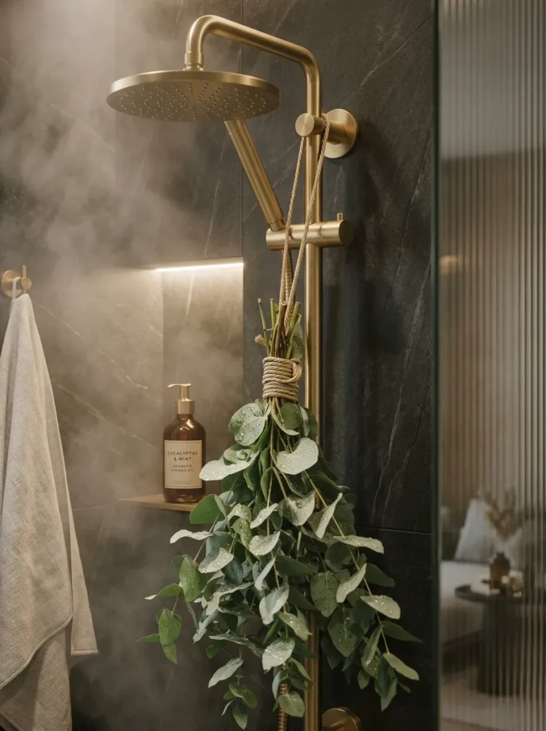  Eucalyptus bundle hanging from a brass showerhead against charcoal slate tile