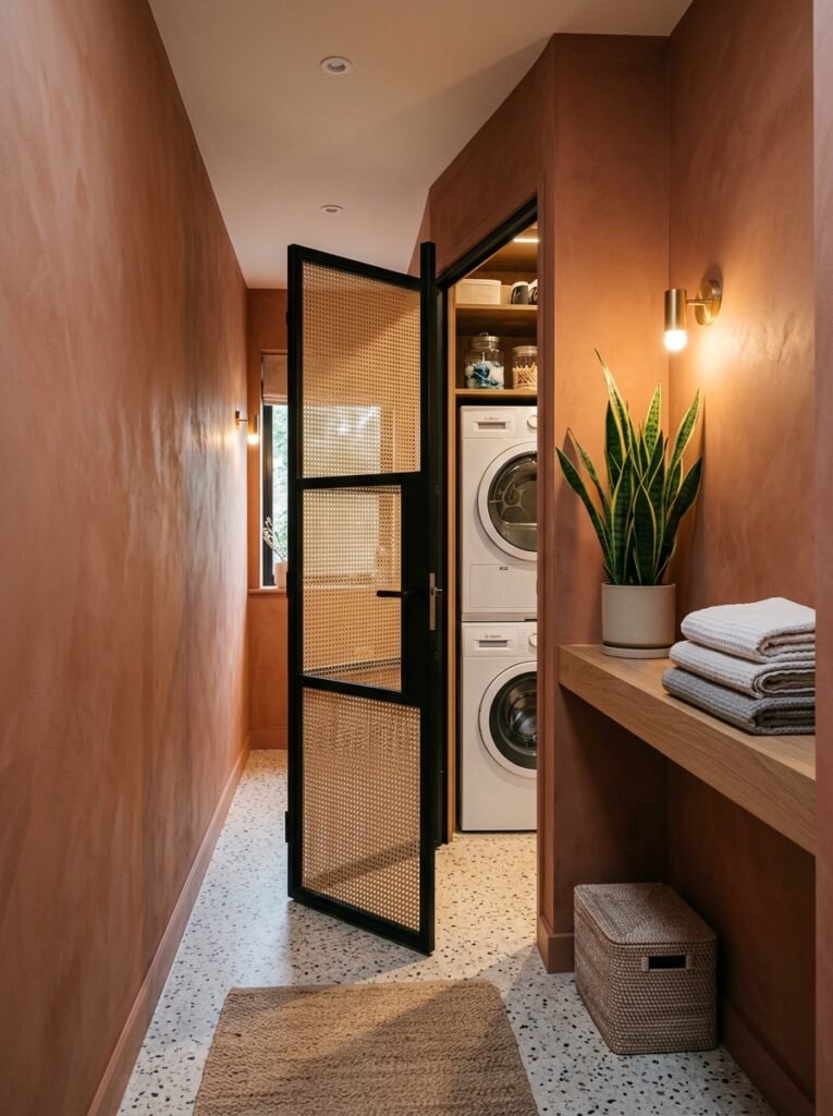 Terracotta plaster hallway laundry nook with a cane-webbing sliding door