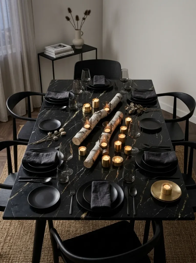 Horizontal birch branch sections cradling smoked-glass votives on a black marble table