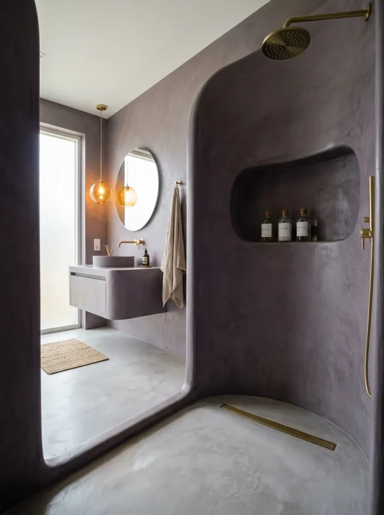 Seamless smoky amethyst tadelakt shower with a curved plastered niche holding glass bottles