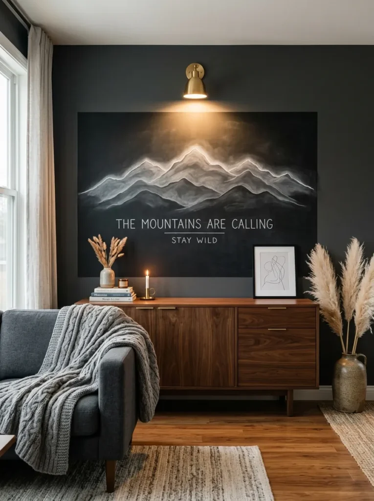 Oversized frameless chalkboard with layered gray-white mountain silhouettes above a credenza