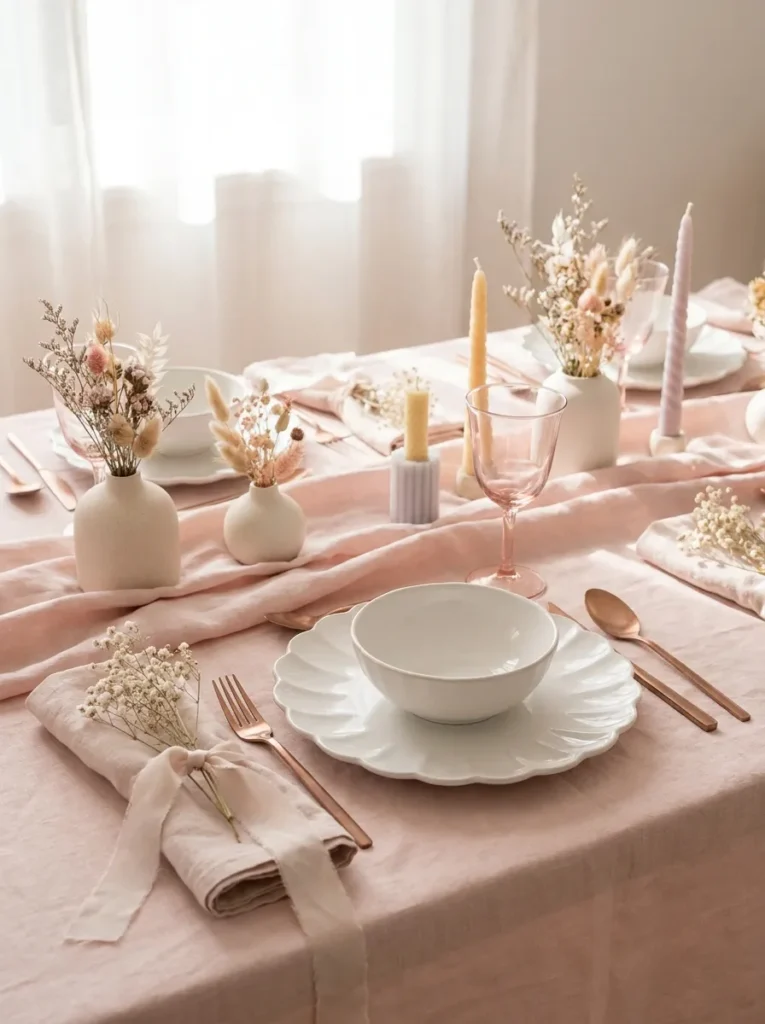 Blush linen table with scalloped ivory plates and rose gold flatware